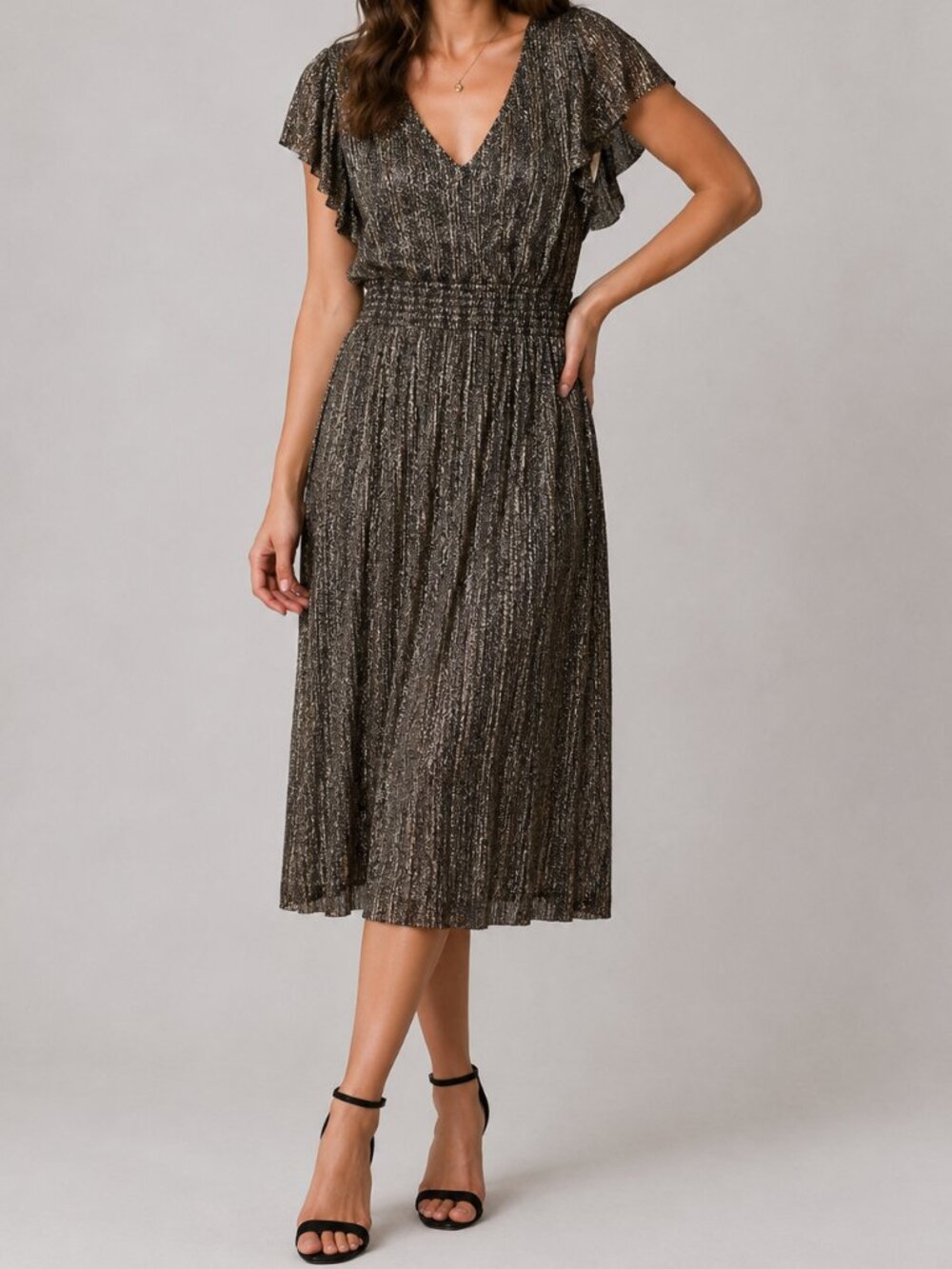 NWT Vince Camuto Women's Metallic Flutter Sleeve Foil Print Midi Party Dress - L